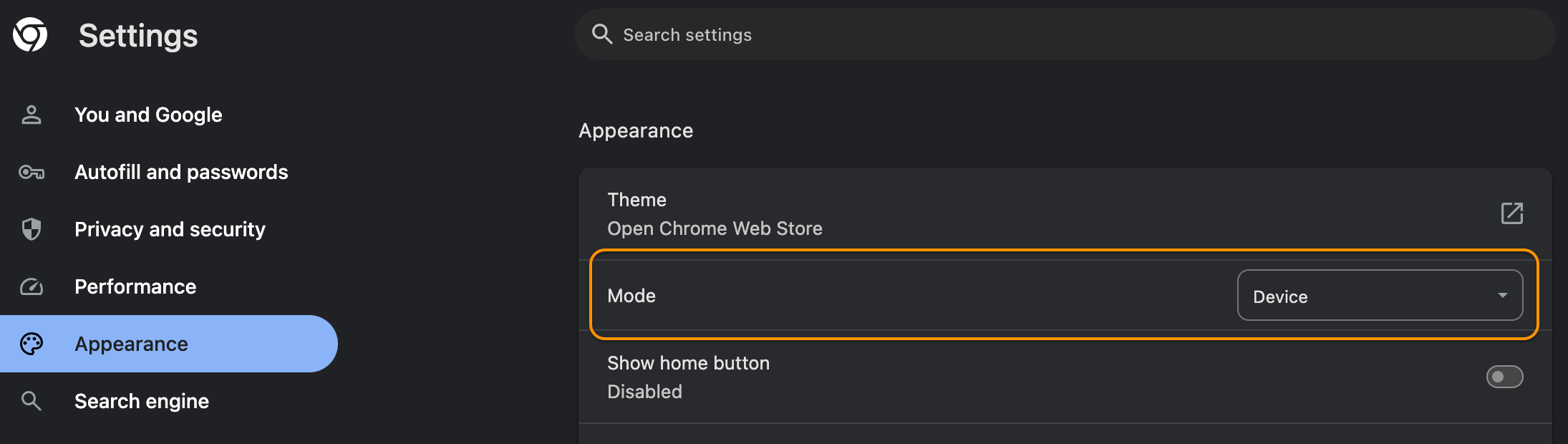 Chrome Appearance Setting